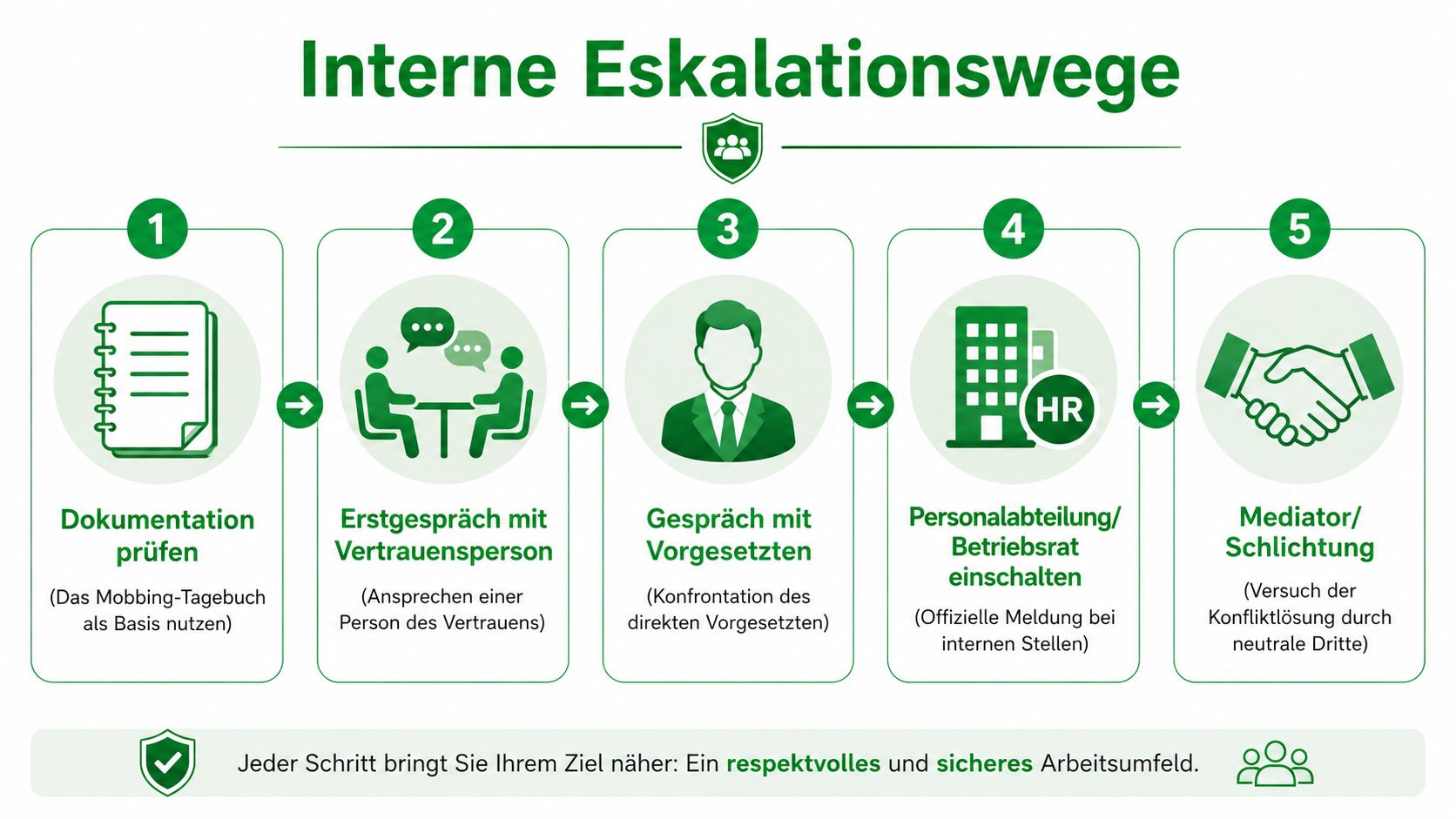 Eine Infografik zur Darstellung interner Eskalationswege bei Mobbing am Arbeitsplatz in fünf strukturierten Schritten.