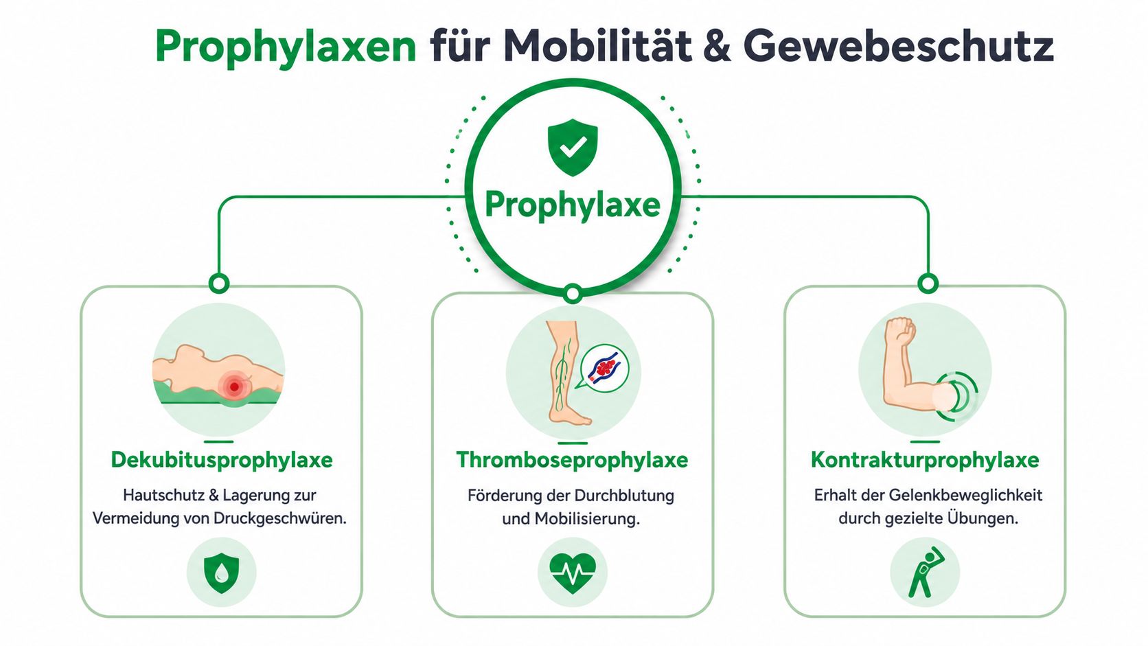 Übersichtsgrafik zu den wichtigsten Prophylaxen in der Pflege, wie Dekubitus-, Thrombose- und Kontrakturprophylaxe zur Gesundheitsförderung.