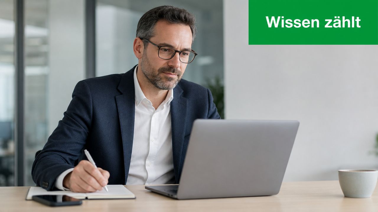 Ein professioneller Mann arbeitet in einem hellen Büro an seinem Laptop und macht sich Notizen.