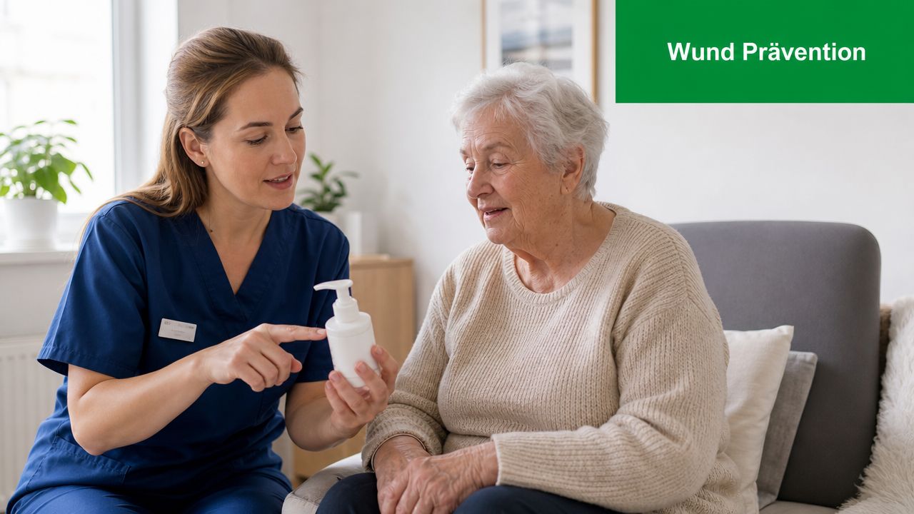 Eine Pflegekraft berät eine ältere Dame zur Wundprävention und zeigt ihr eine weiße Flasche mit Pflegeprodukt.