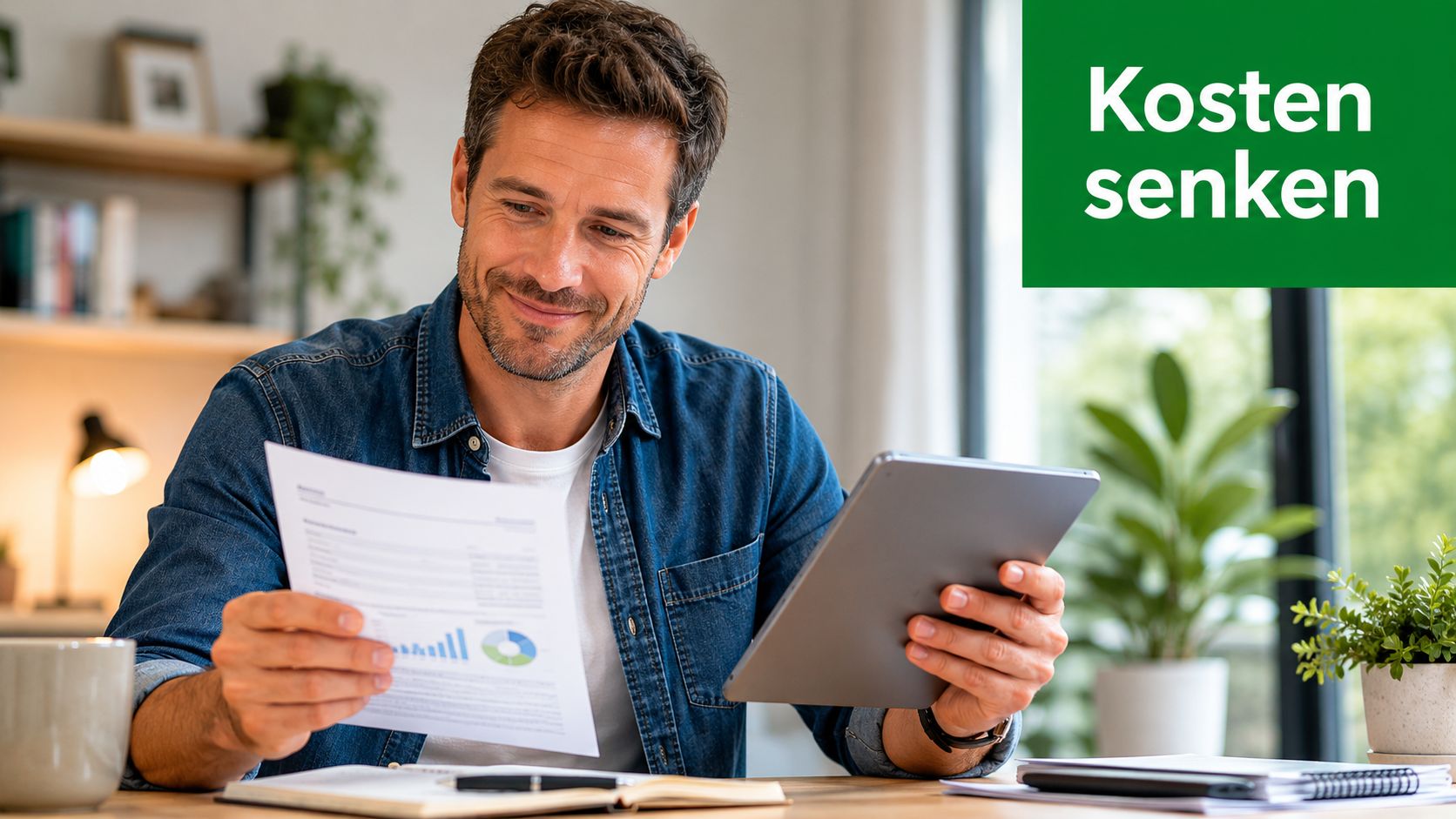 Ein lächelnder Mann betrachtet Dokumente mit Diagrammen und ein Tablet, um seine Ausgaben effizient zu verwalten.