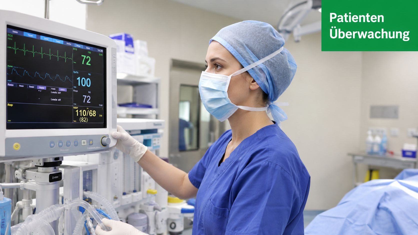 Eine Anästhesieassistentin überwacht während einer Operation die Vitalwerte eines Patienten an einem modernen medizinischen Monitor.
