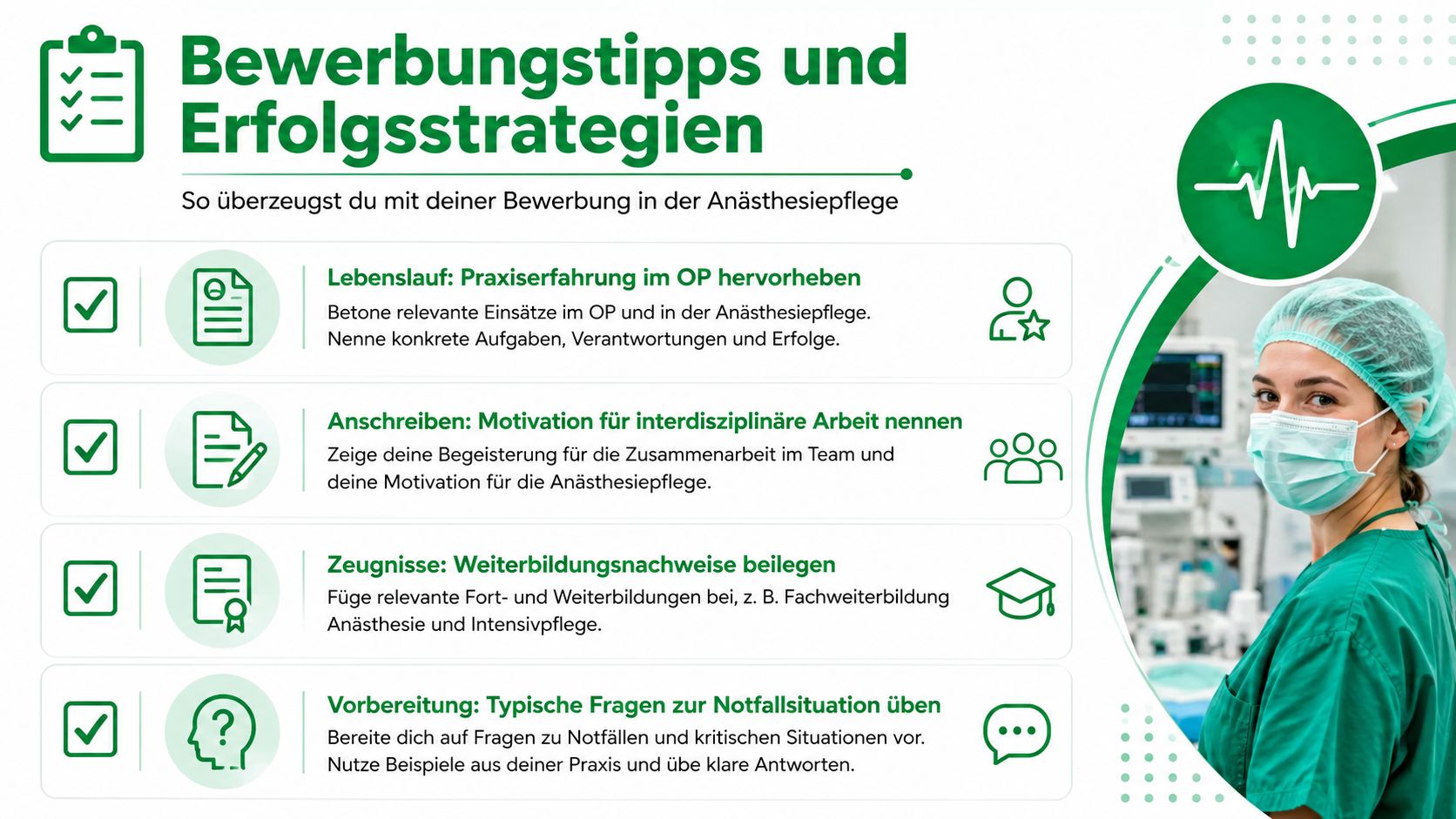 Eine Infografik mit Bewerbungstipps für Fachkräfte in der Anästhesiepflege, inklusive Tipps für Lebenslauf, Anschreiben und Vorbereitung.