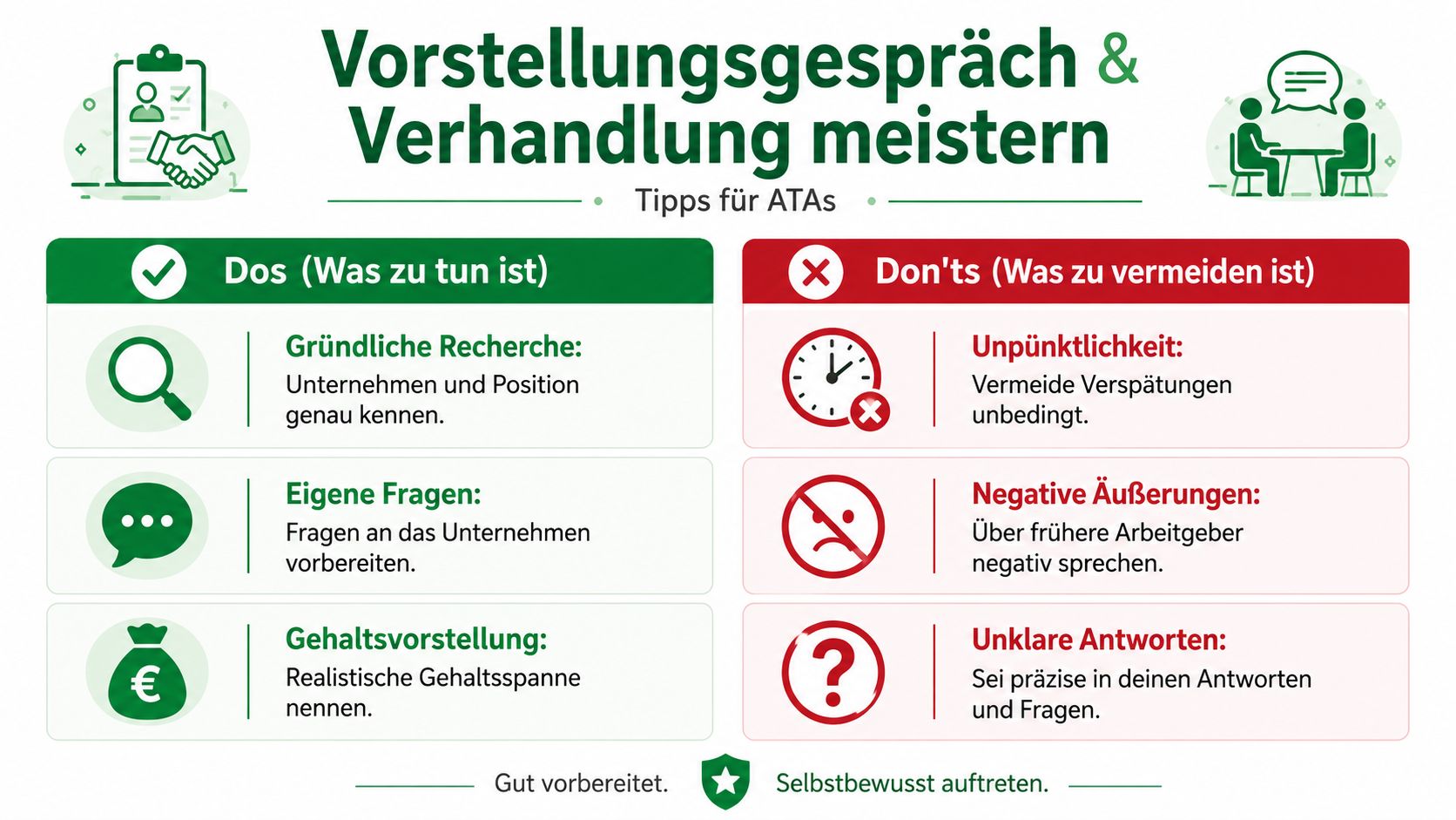 Eine übersichtliche Infografik mit Dos und Don'ts für erfolgreiche Vorstellungsgespräche und Gehaltsverhandlungen, speziell für ATAs.