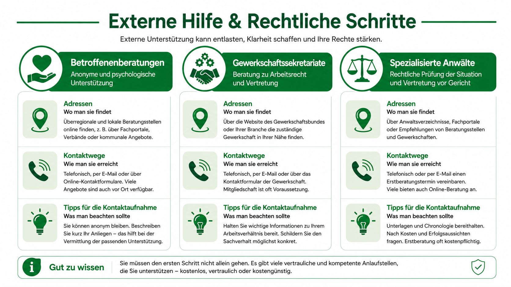 Infografik zeigt Möglichkeiten für externe Hilfe und rechtliche Schritte bei Problemen oder Konflikten am Arbeitsplatz auf.