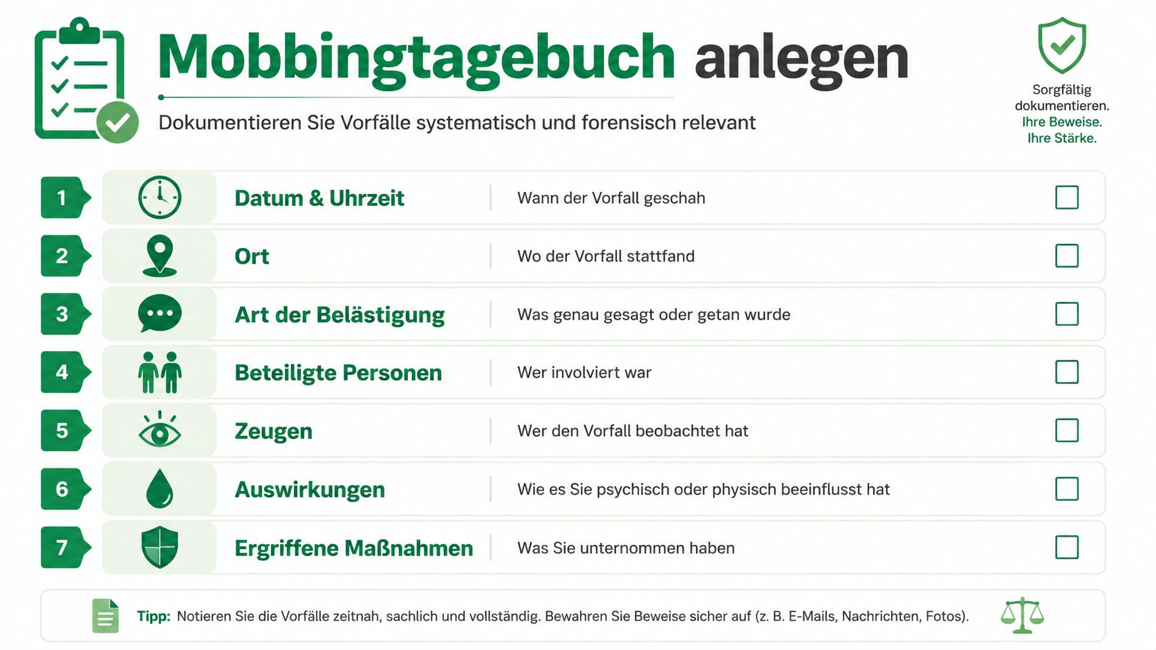 Eine Infografik zur Anleitung, wie man ein Mobbingtagebuch zur systematischen Dokumentation von Vorfällen am Arbeitsplatz erstellt.