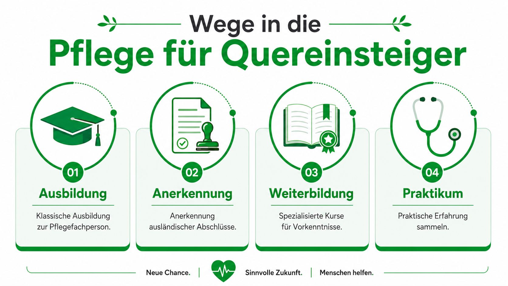 Grafische Darstellung der vier Wege für Quereinsteiger in den Pflegeberuf mit Icons für Ausbildung, Anerkennung, Weiterbildung und Praktikum.