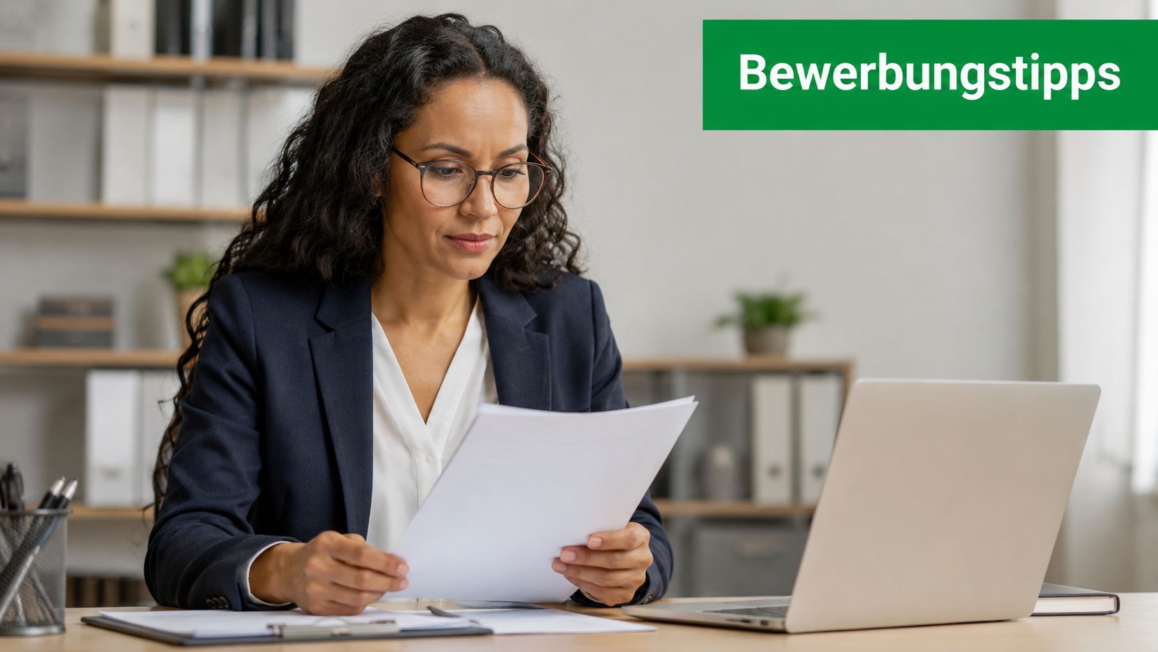 Eine Frau in einem Business-Outfit liest konzentriert Unterlagen an ihrem Schreibtisch vor ihrem Laptop.