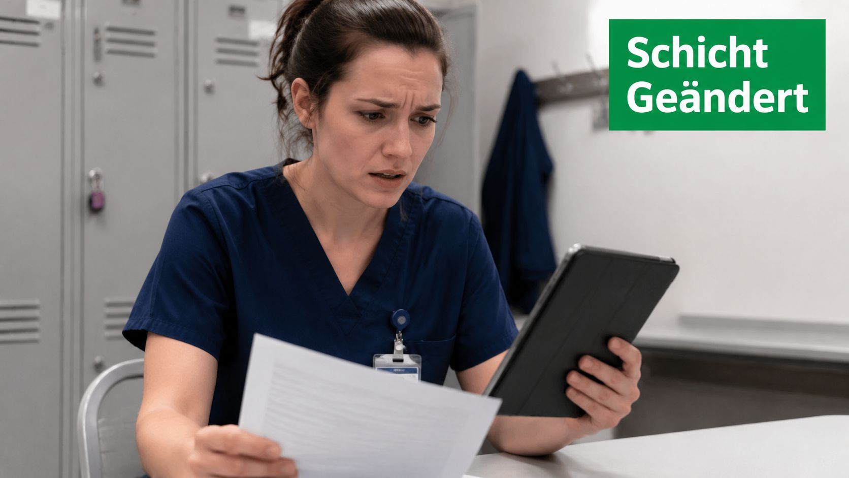 Eine frustrierte Krankenschwester schaut besorgt auf ihr Tablet und ein Dokument in einem Umkleideraum.