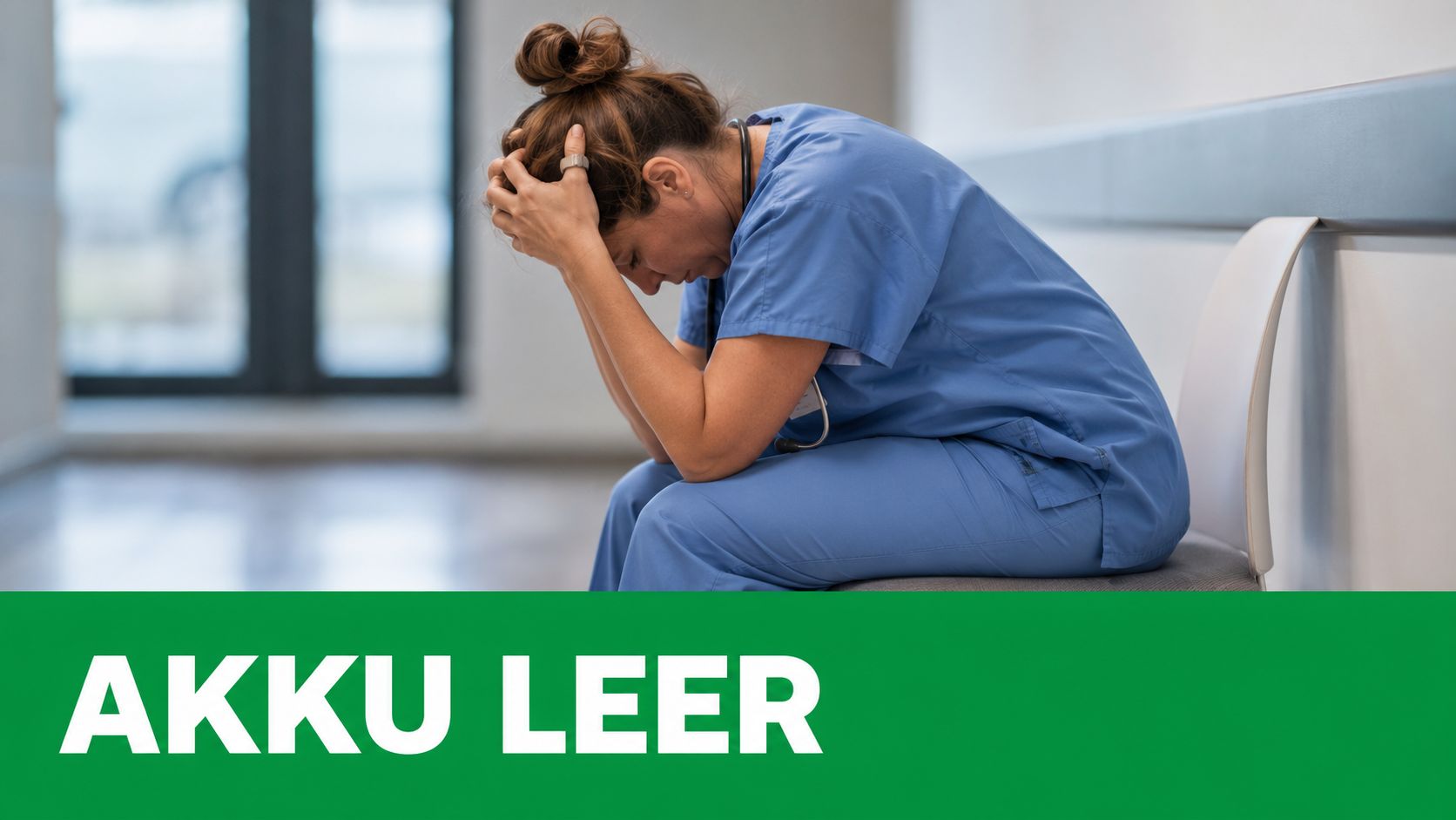Eine erschöpfte Krankenschwester sitzt mit dem Kopf in den Händen auf einem Stuhl im Krankenhausflur.