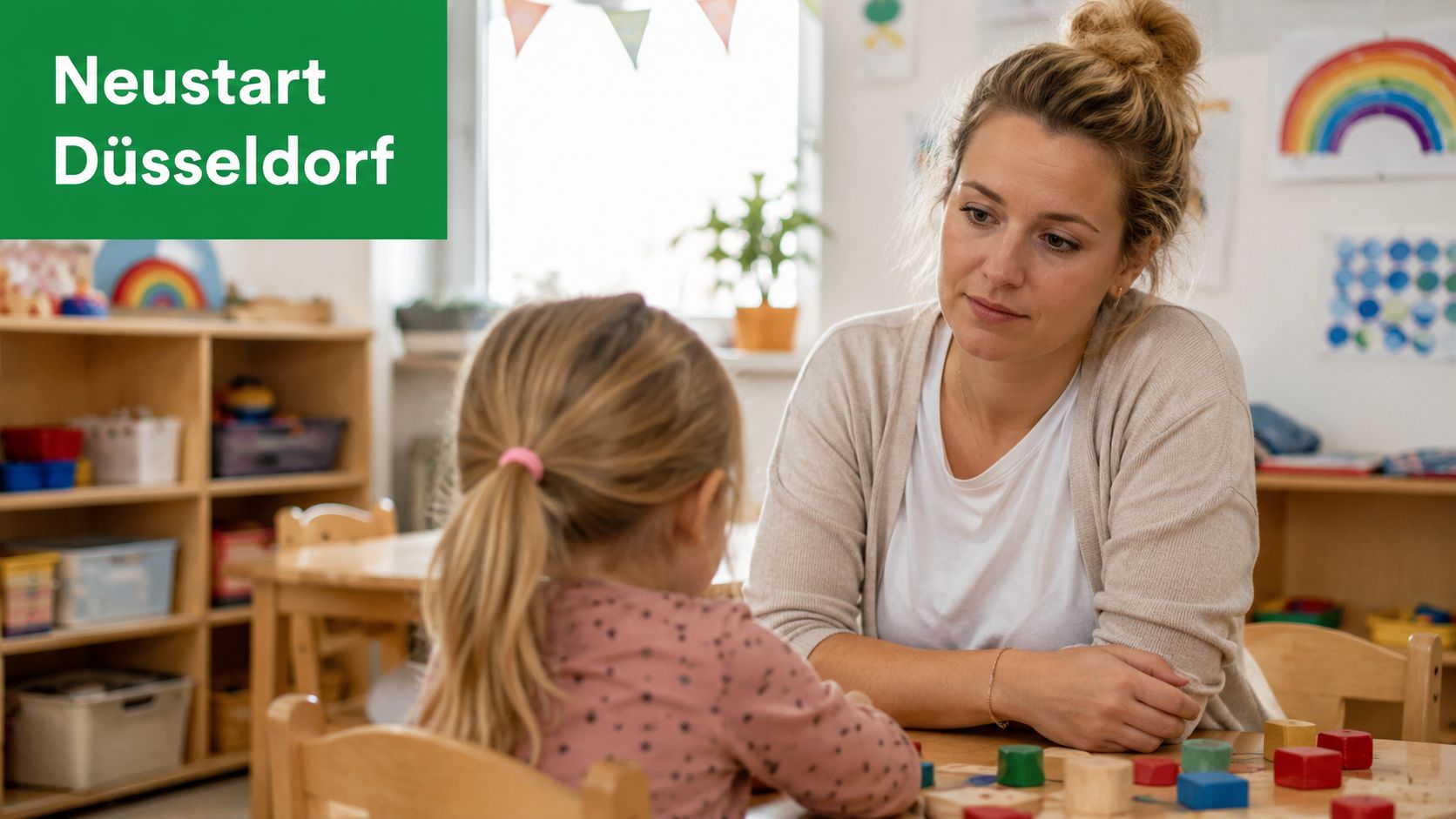 Eine Erzieherin sitzt in einer Kindertagesstätte bei einem Gespräch mit einem kleinen Kind am Tisch.