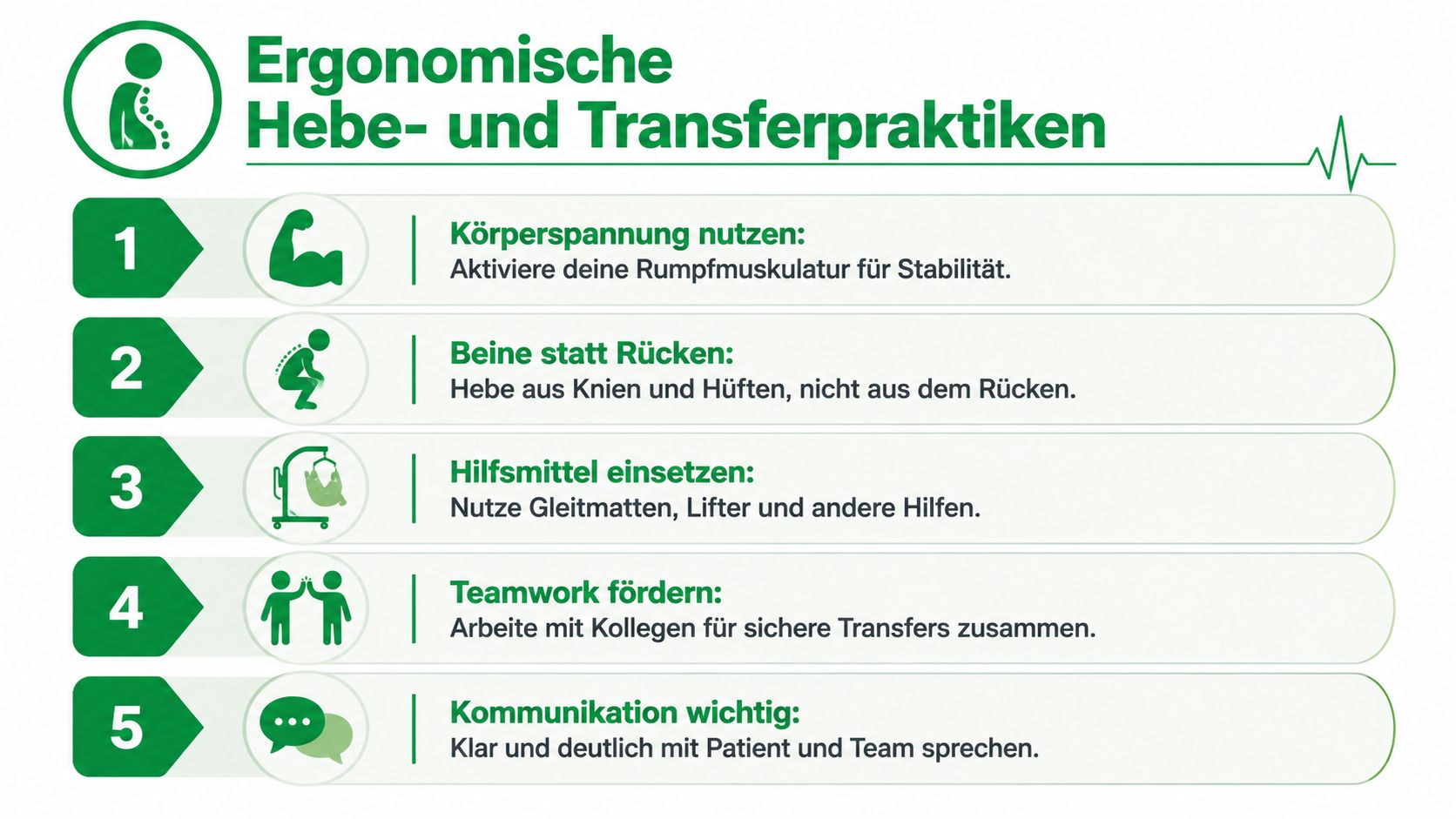 Infografik zur ergonomischen Hebe- und Transfertechnik für rückenschonendes Arbeiten in der medizinischen Pflege.