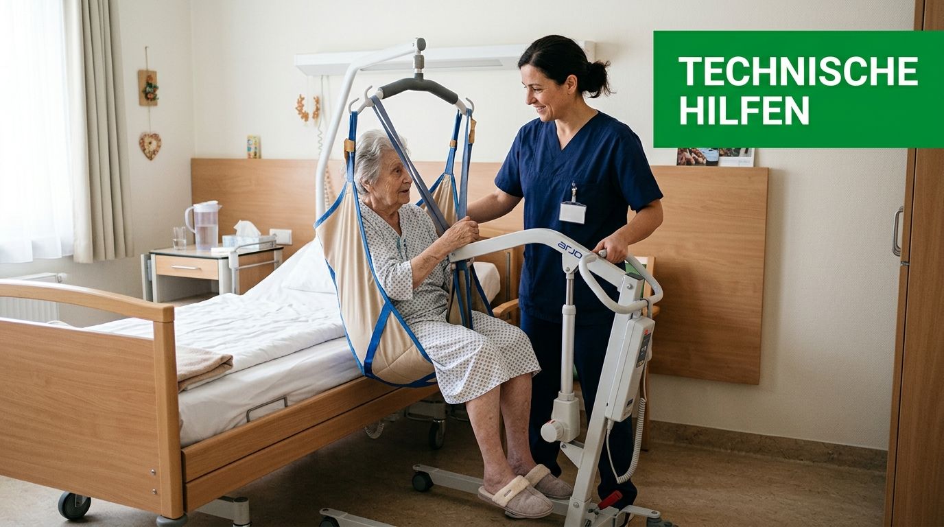 Eine Pflegekraft unterstützt eine ältere Patientin mit einem Deckenlifter beim Aufstehen aus dem Pflegebett im Krankenhaus.