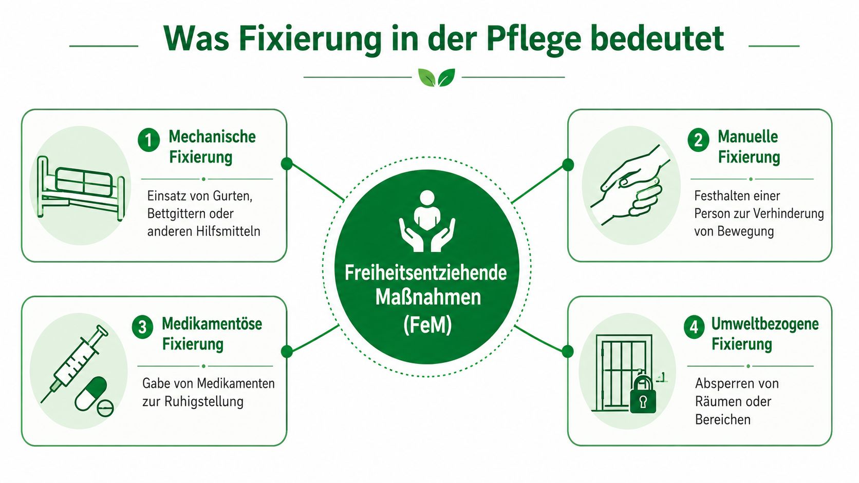 Infografik über freiheitsentziehende Maßnahmen in der Pflege, unterteilt in vier Kategorien der Fixierung von Patienten.