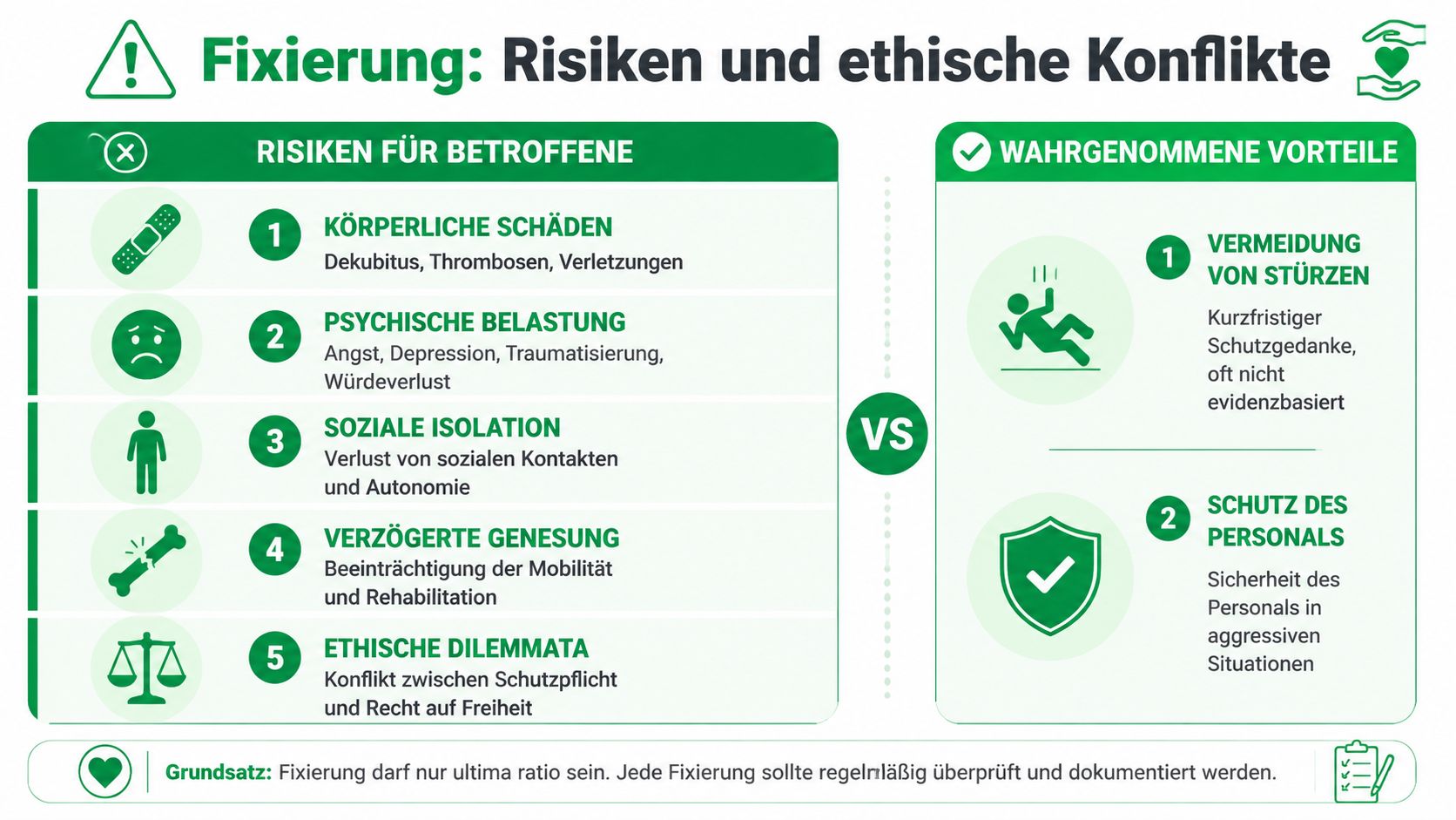 Infografik über die Risiken, ethischen Konflikte und wahrgenommenen Vorteile bei der Fixierung in der Pflege.