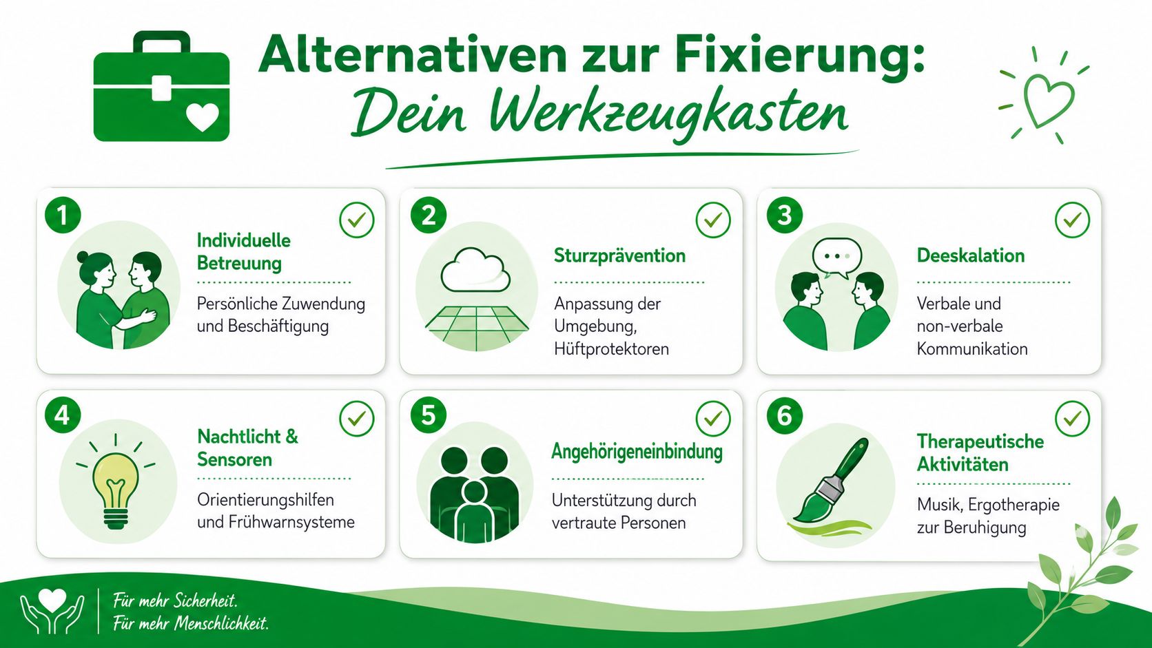 Eine Infografik zum Thema Alternativen zur Fixierung in der Pflege mit sechs verschiedenen hilfreichen Lösungsansätzen.