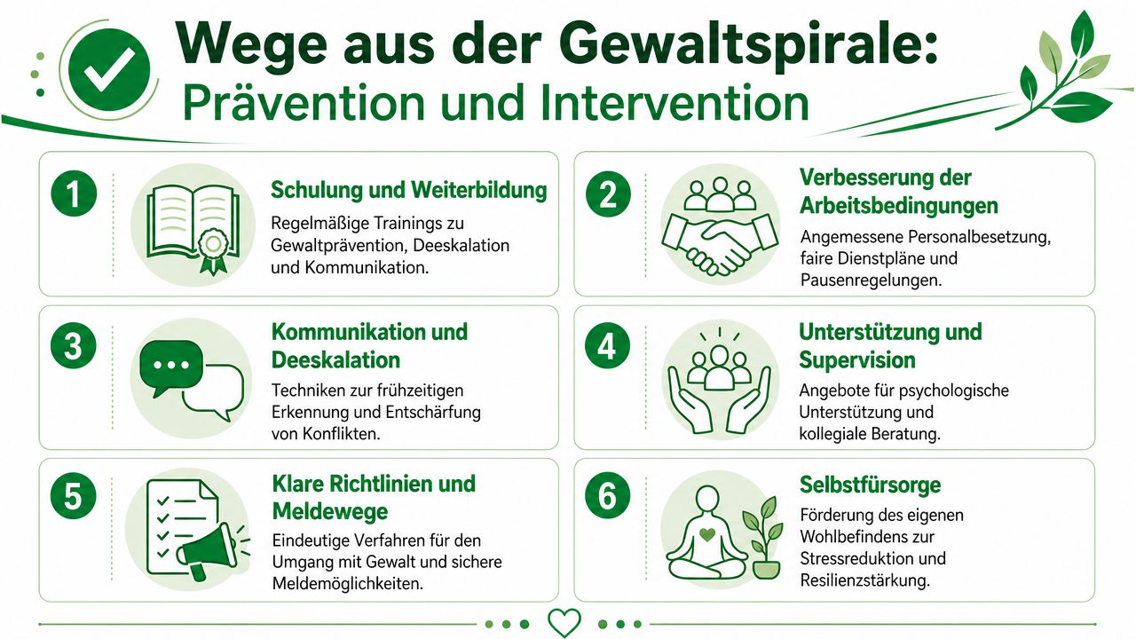 Eine Infografik mit sechs Strategien zur Prävention und Intervention gegen Gewalt in der Pflege und am Arbeitsplatz.