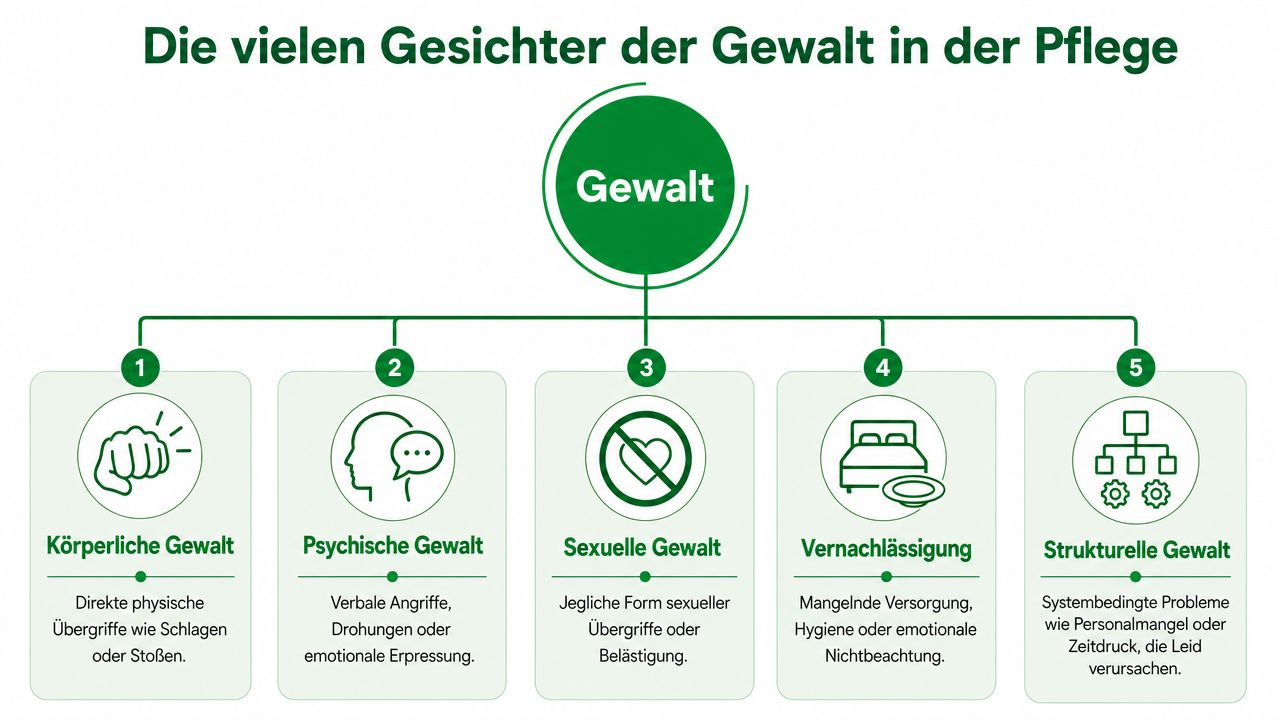Eine Übersichtsgrafik, die die fünf verschiedenen Formen von Gewalt in der Pflege veranschaulicht und kurz erläutert.