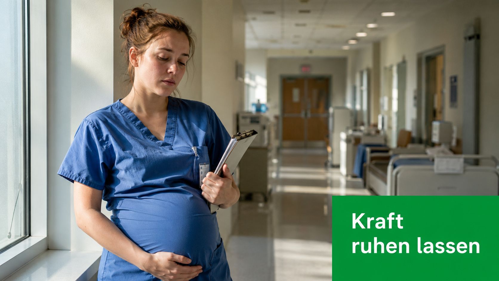 Eine schwangere Krankenschwester steht nachdenklich mit einer Patientenakte in einem Krankenhausflur an einem Fenster.