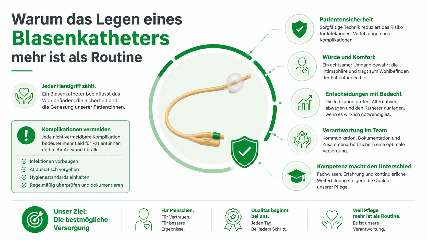 Eine Infografik erklärt, warum das Legen eines Blasenkatheters sorgfältige Pflege und höchste fachliche Standards erfordert.