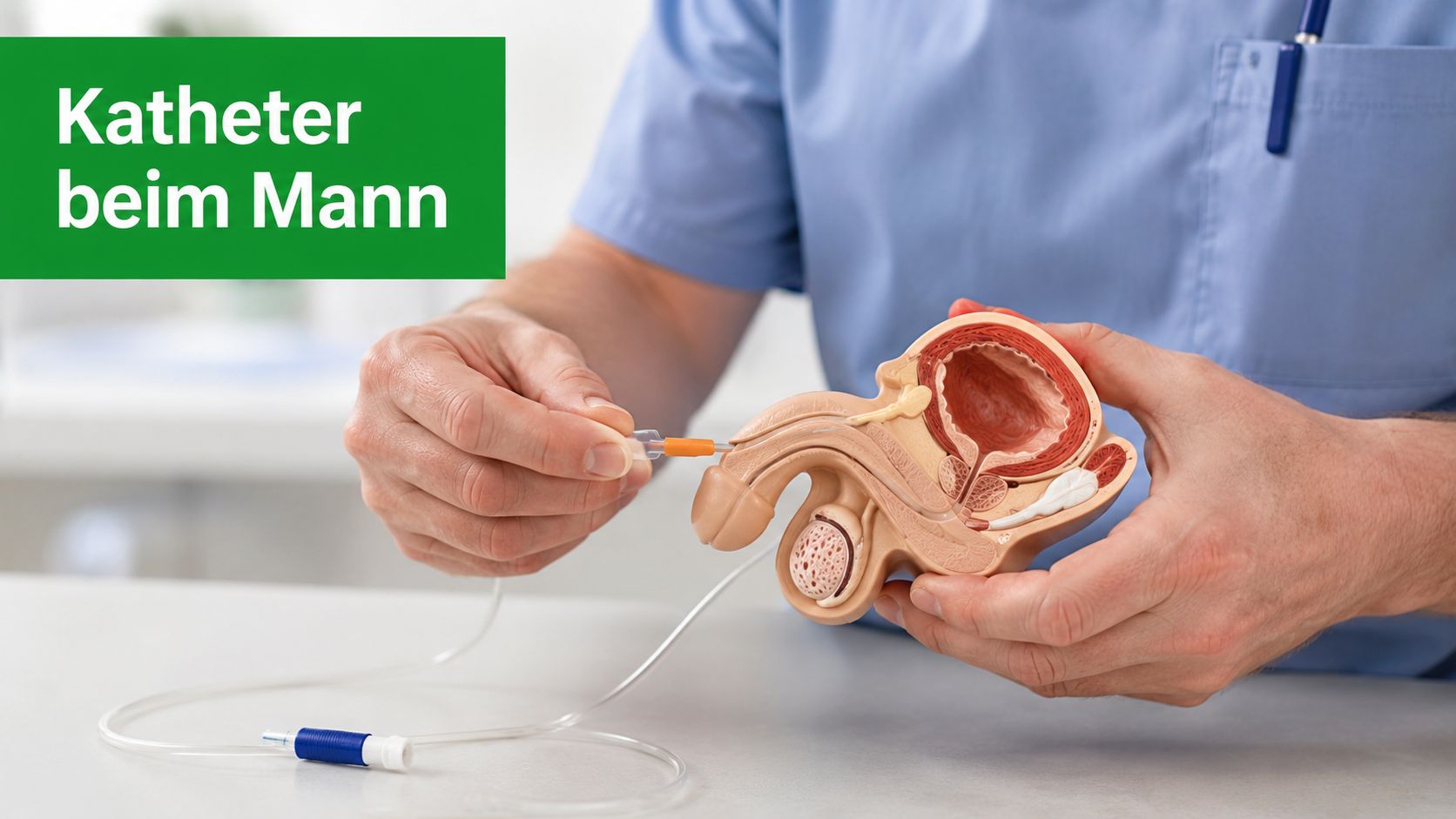 Eine medizinische Fachkraft demonstriert das Einführen eines Katheters an einem anatomischen Modell des männlichen Urogenitaltrakts.