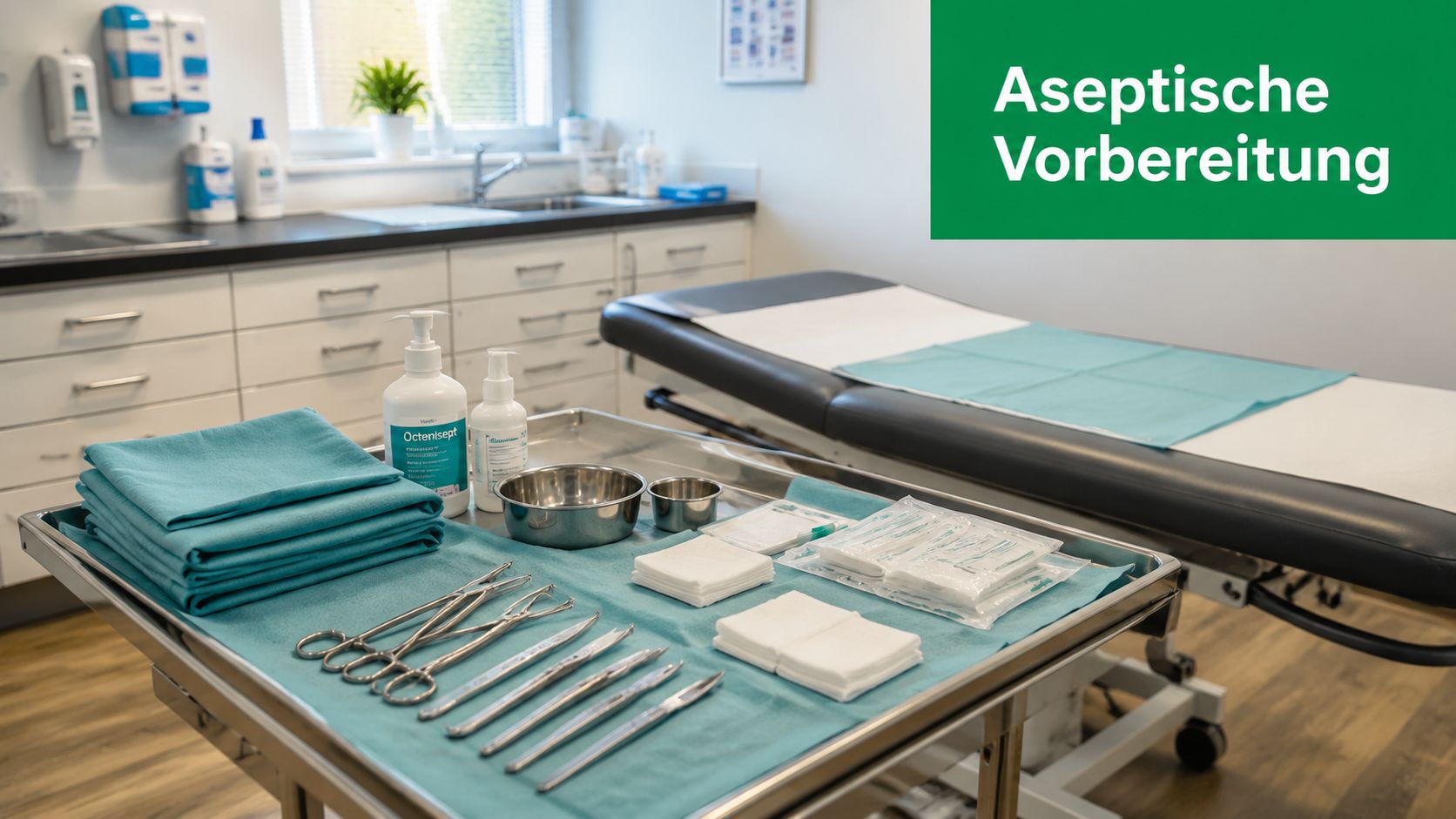 Ein medizinischer Behandlungsraum mit sterilem Instrumentenwagen für die aseptische Vorbereitung eines medizinischen Eingriffs.
