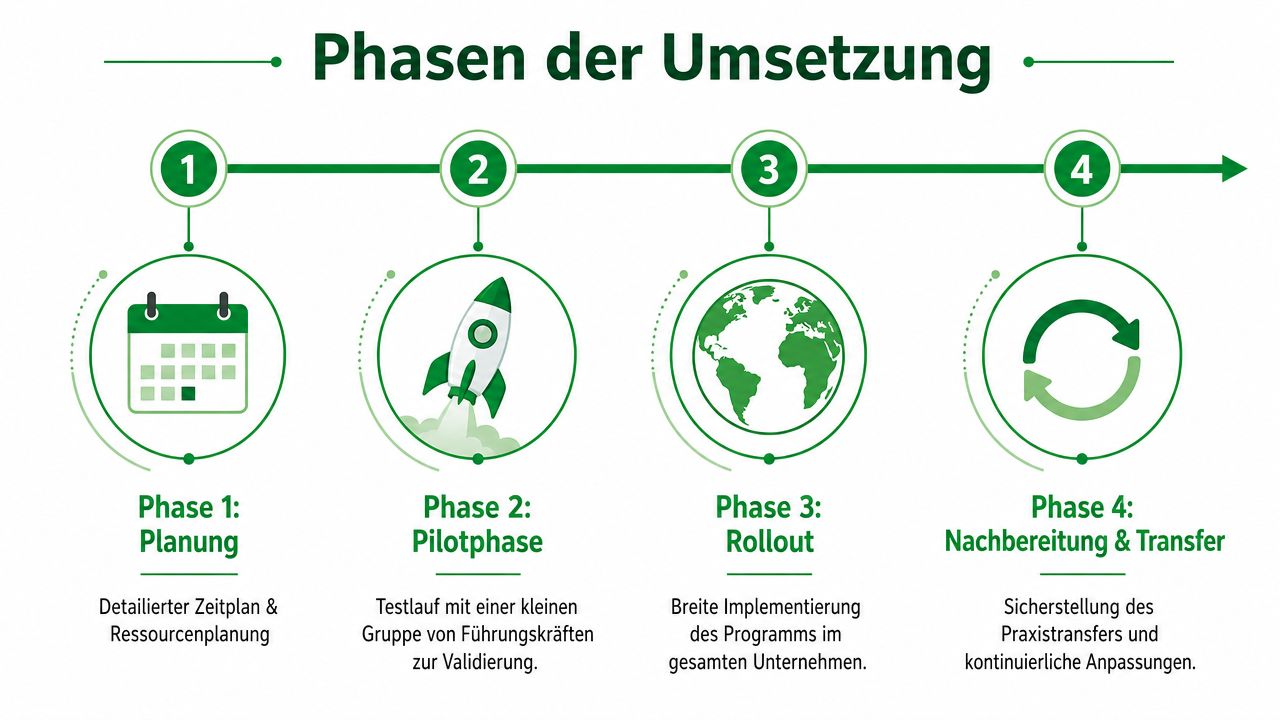 Eine Grafik zeigt die vier Phasen der Umsetzung von Führungskräfteentwicklung: Planung, Pilotphase, Rollout sowie Nachbereitung und Transfer.