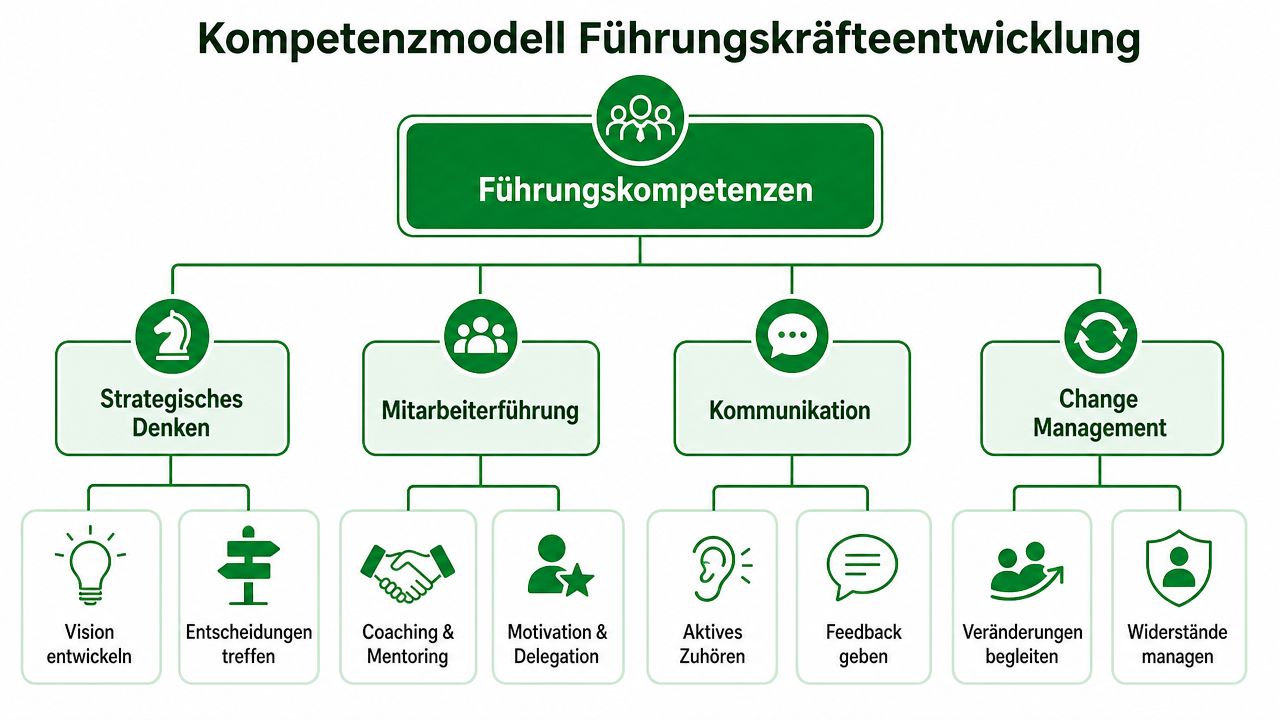 Ein übersichtliches Kompetenzmodell zur Führungskräfteentwicklung mit verschiedenen Führungsstilen und Managementstrategien in einer grafischen Hierarchie.