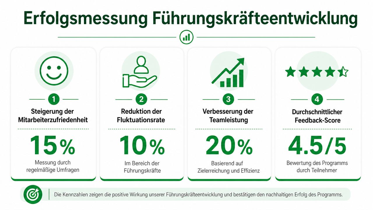Infografik zur Erfolgsmessung der Führungskräfteentwicklung mit vier statistischen Kennzahlen zu Mitarbeiterzufriedenheit, Fluktuation, Teamleistung und Feedback-Scores.