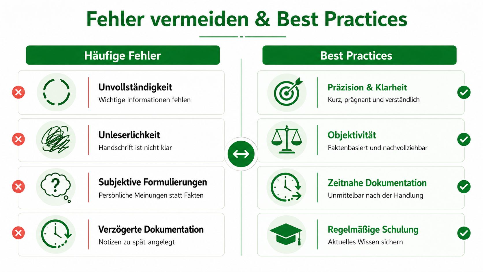 Eine Übersichtsgrafik über häufige Fehler und Best Practices bei der professionellen Pflegedokumentation im Gesundheitswesen.