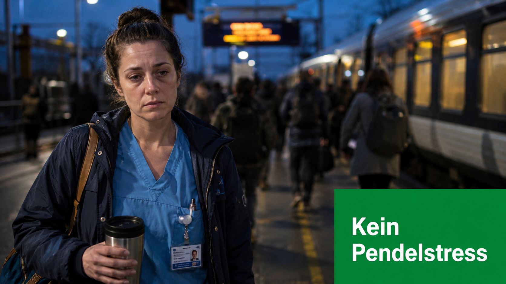 Eine erschöpfte Krankenschwester steht an einem Bahnhof vor einem einfahrenden Zug mit dem Werbeslogan Kein Pendelstress.