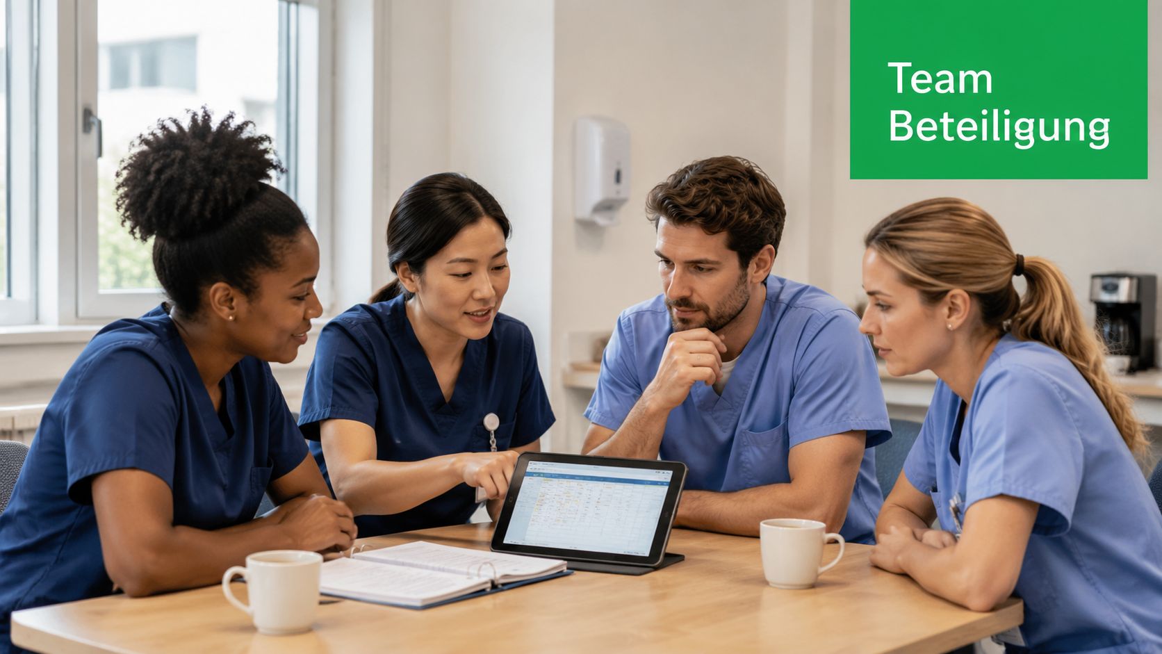 Ein Pflegeteam diskutiert gemeinsam an einem Tisch den Dienstplan auf einem Tablet in einem modernen Krankenhaus.