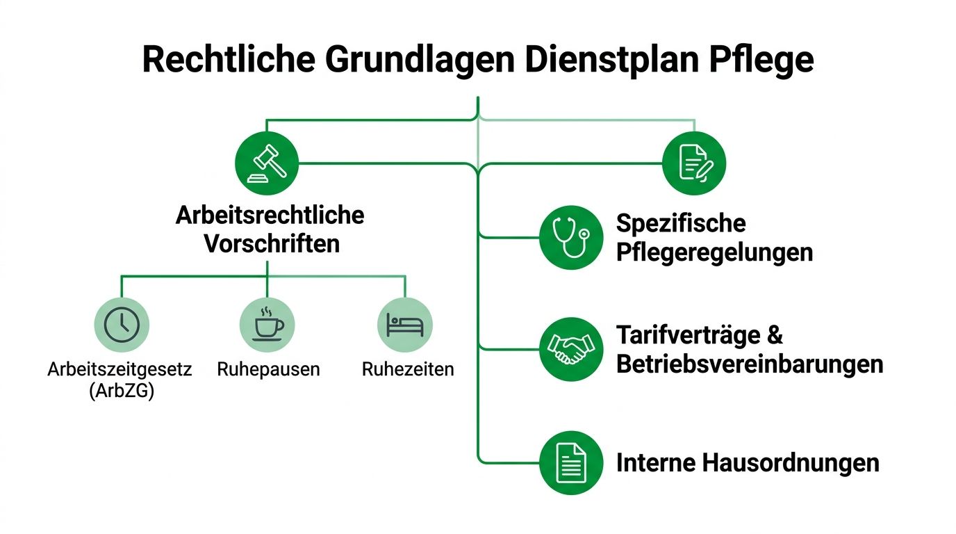 Eine grafische Darstellung der rechtlichen Grundlagen für die Dienstplanung in der Pflege als strukturiertes Baumdiagramm.