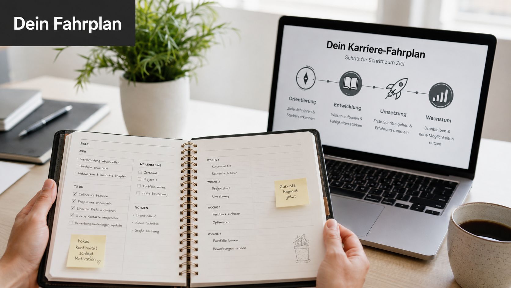 Eine Person plant ihre berufliche Neuorientierung mit einem Karriereplan auf einem Laptop und einem Notizbuch auf dem Schreibtisch.