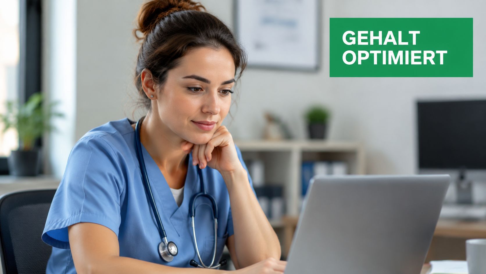 Eine Krankenschwester sitzt in einer Praxis vor ihrem Laptop und prüft ihr Gehalt optimiert.