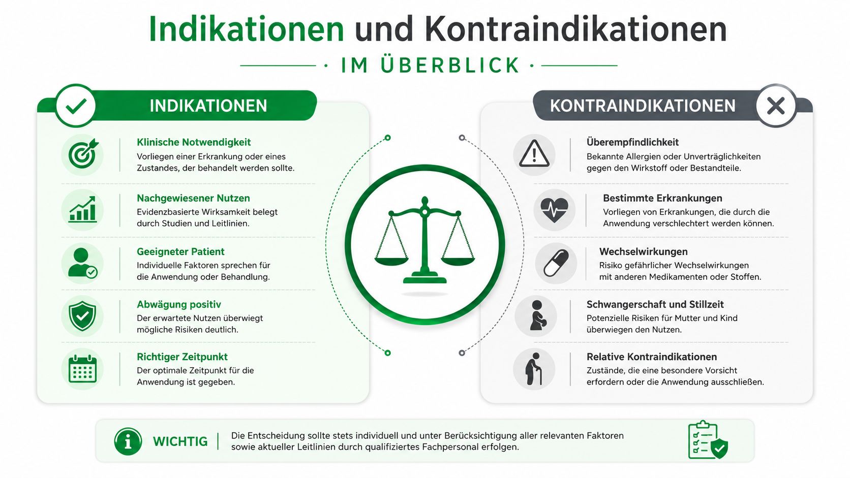 Eine Infografik, die die medizinischen Kriterien für Indikationen und Kontraindikationen bei Behandlungen übersichtlich gegenüberstellt.