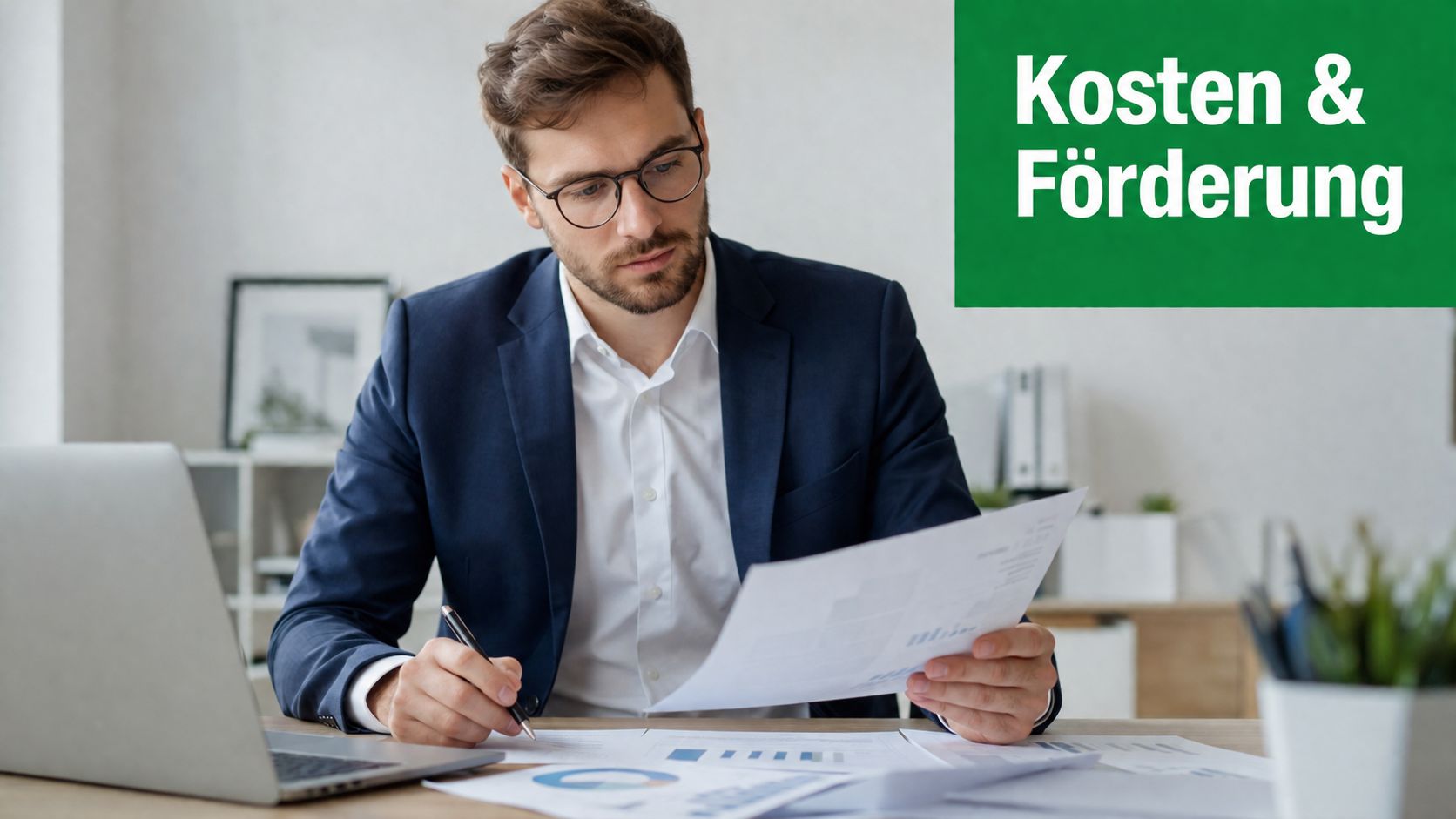 Ein Geschäftsmann im Anzug prüft Dokumente an seinem Schreibtisch mit Laptop zur Unterstützung der Praxisanleiter Fortbildung.