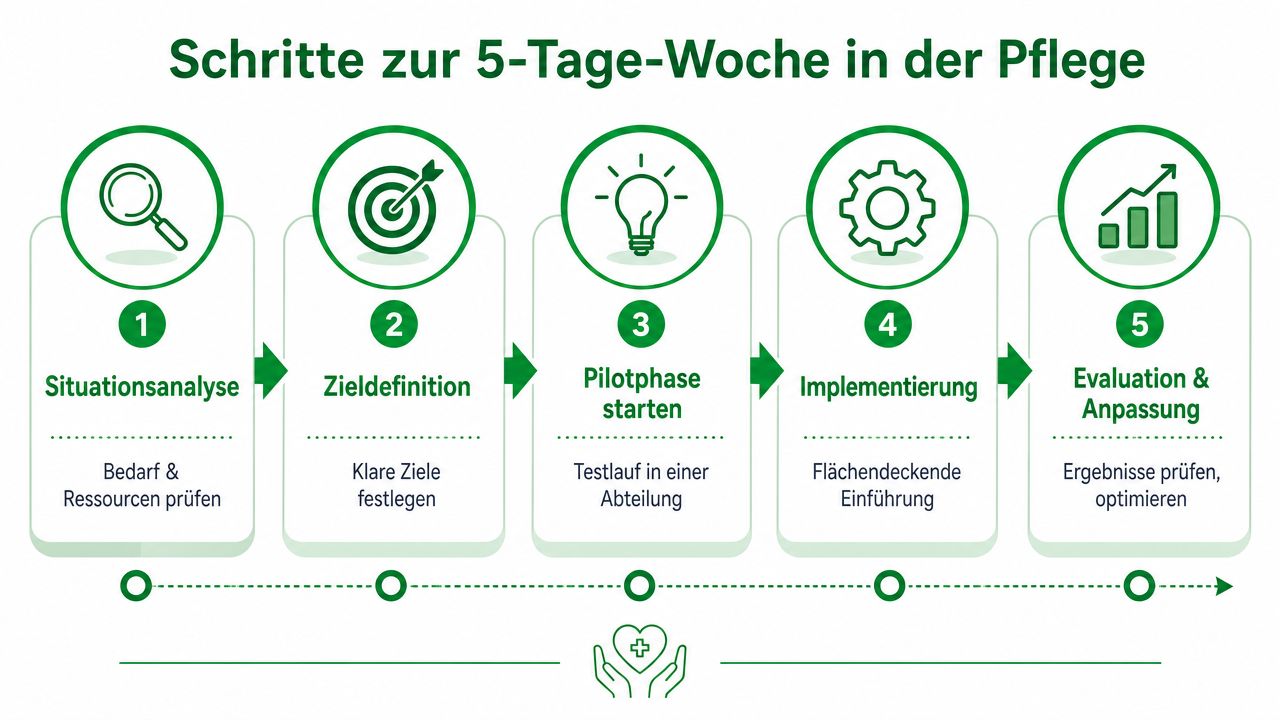 Eine Infografik mit fünf Schritten zur Einführung der 5-Tage-Woche in der pflegerischen Arbeitswelt.