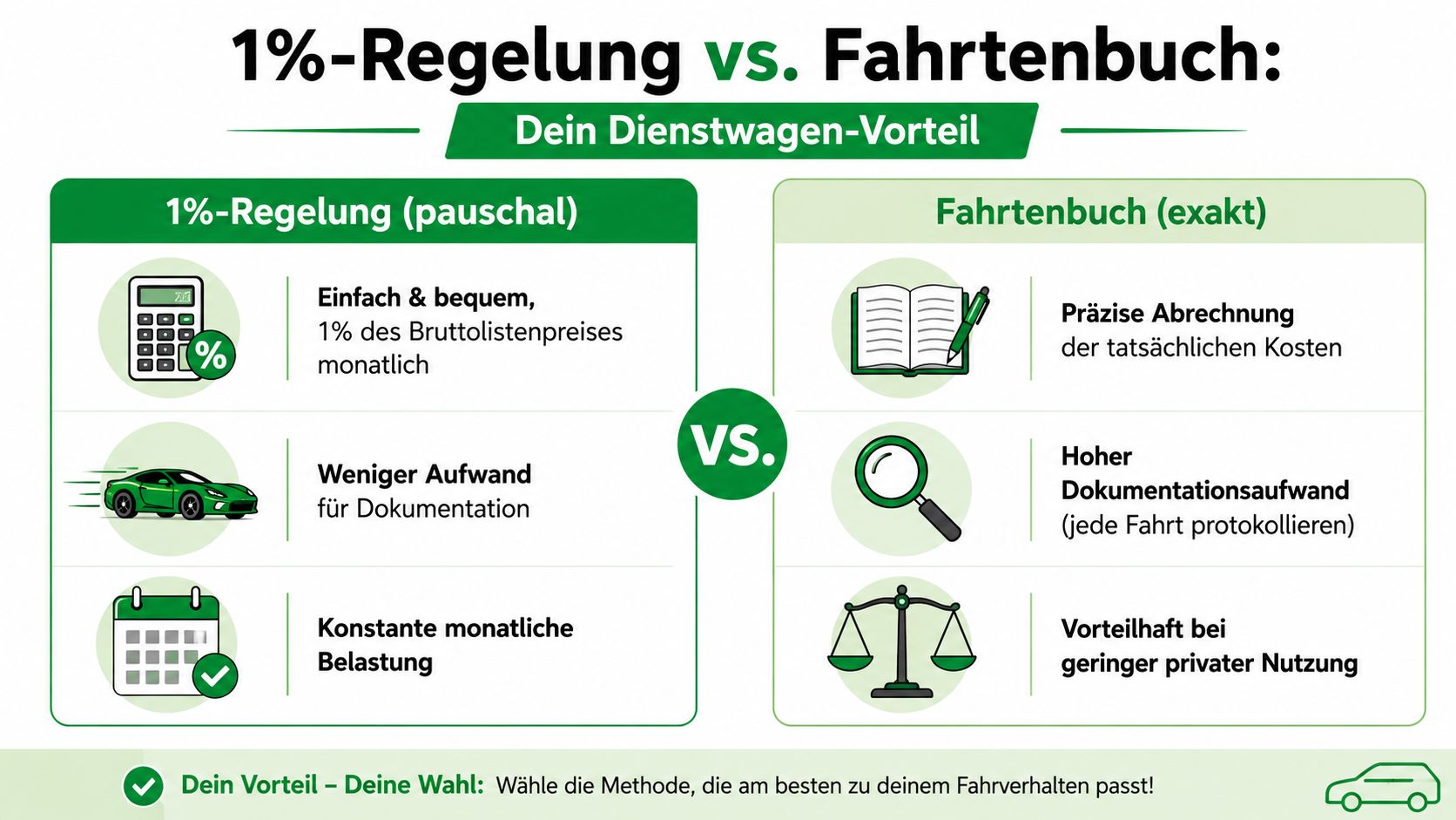 Vergleichsgrafik zwischen 1%-Regelung und Fahrtenbuch für die private Nutzung eines Dienstwagens mit Vor- und Nachteilen.