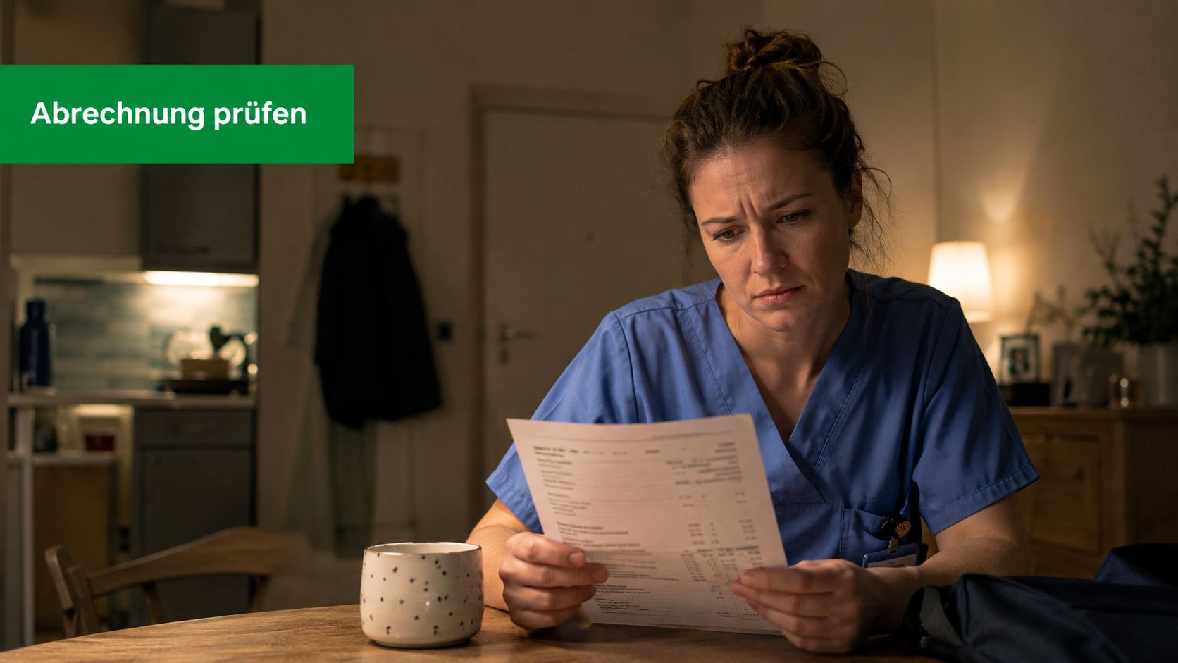 Eine erschöpfte Krankenschwester sitzt abends am Küchentisch und überprüft kritisch ihre Lohnabrechnung nach einem langen Arbeitstag.