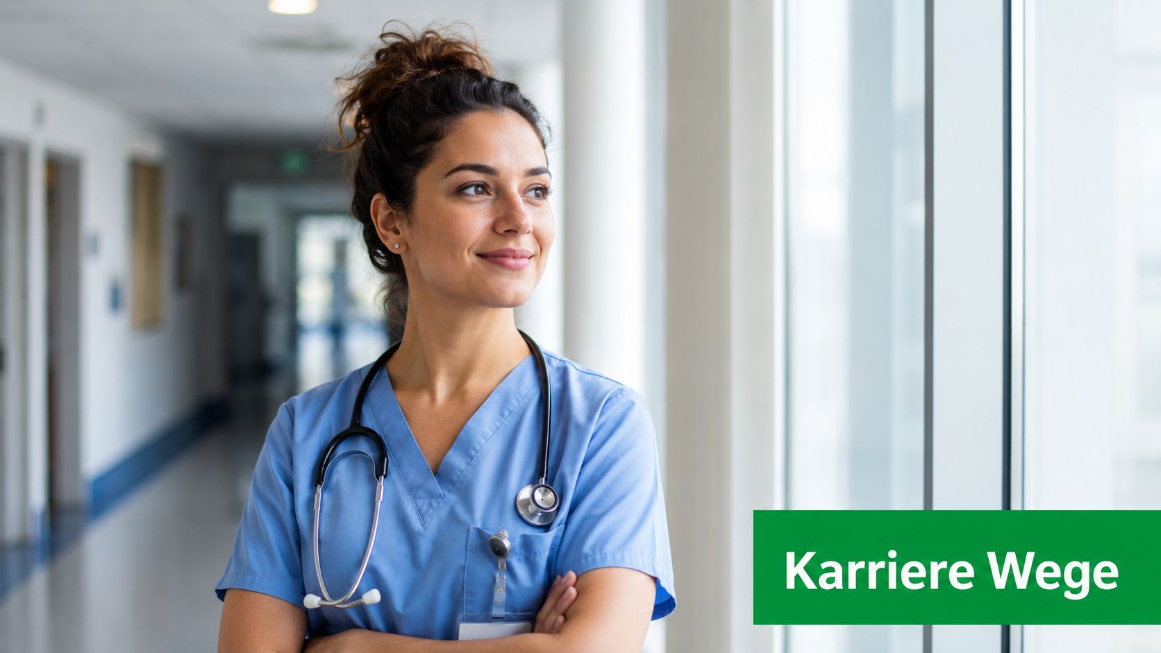 Eine lächelnde Krankenschwester mit Stethoskop blickt aus einem Fenster im Krankenhausflur, daneben steht der Text Karriere Wege.