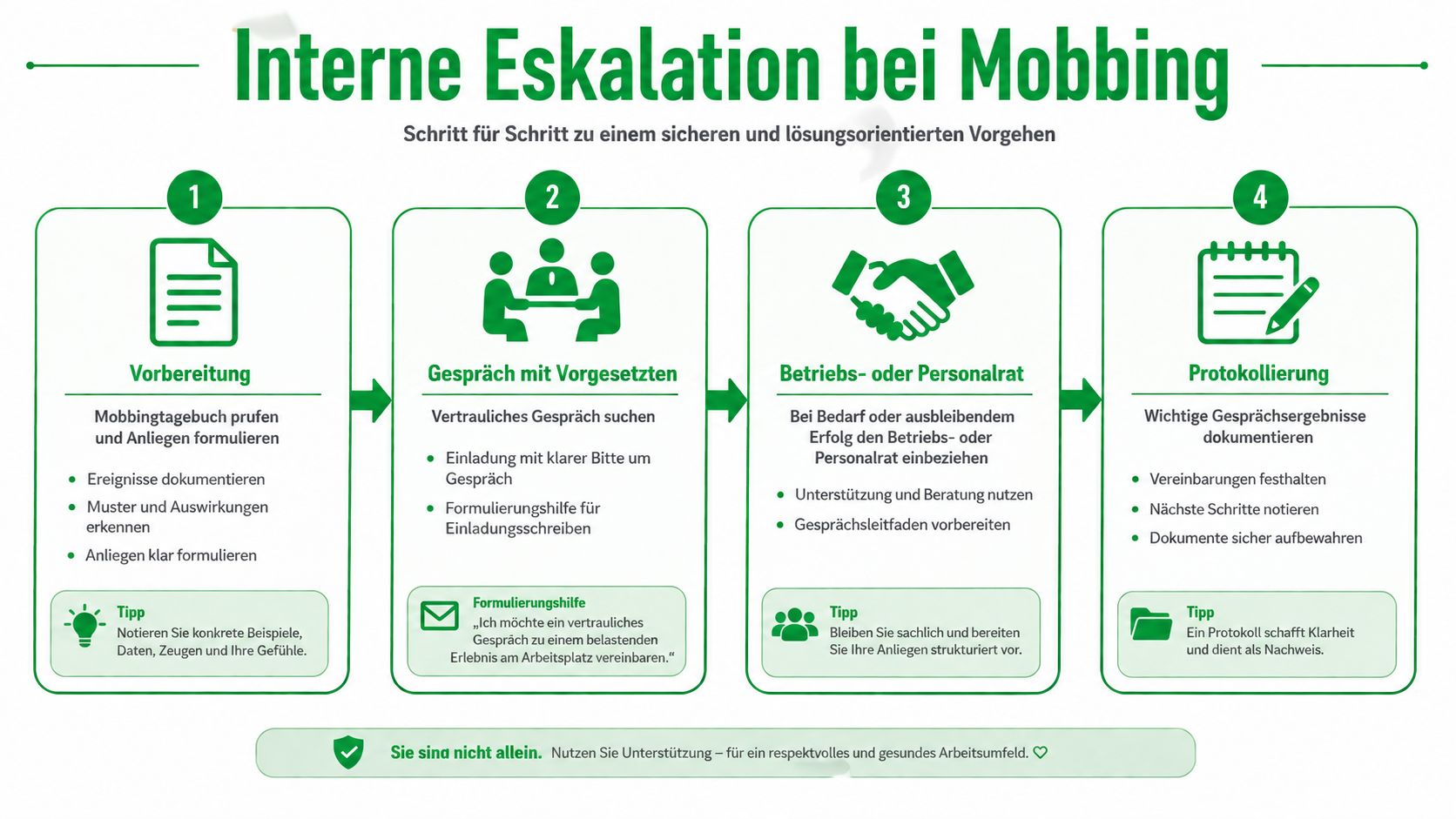 Eine Infografik zur internen Eskalation bei Mobbing am Arbeitsplatz mit vier Schritten für ein lösungsorientiertes Vorgehen.