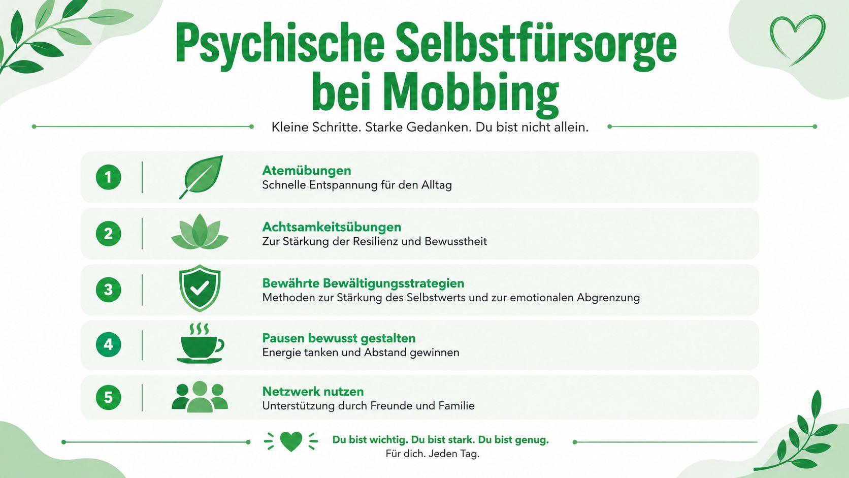 Infografik zur psychischen Selbstfürsorge bei Mobbing mit fünf hilfreichen Schritten für mehr Resilienz und Unterstützung.
