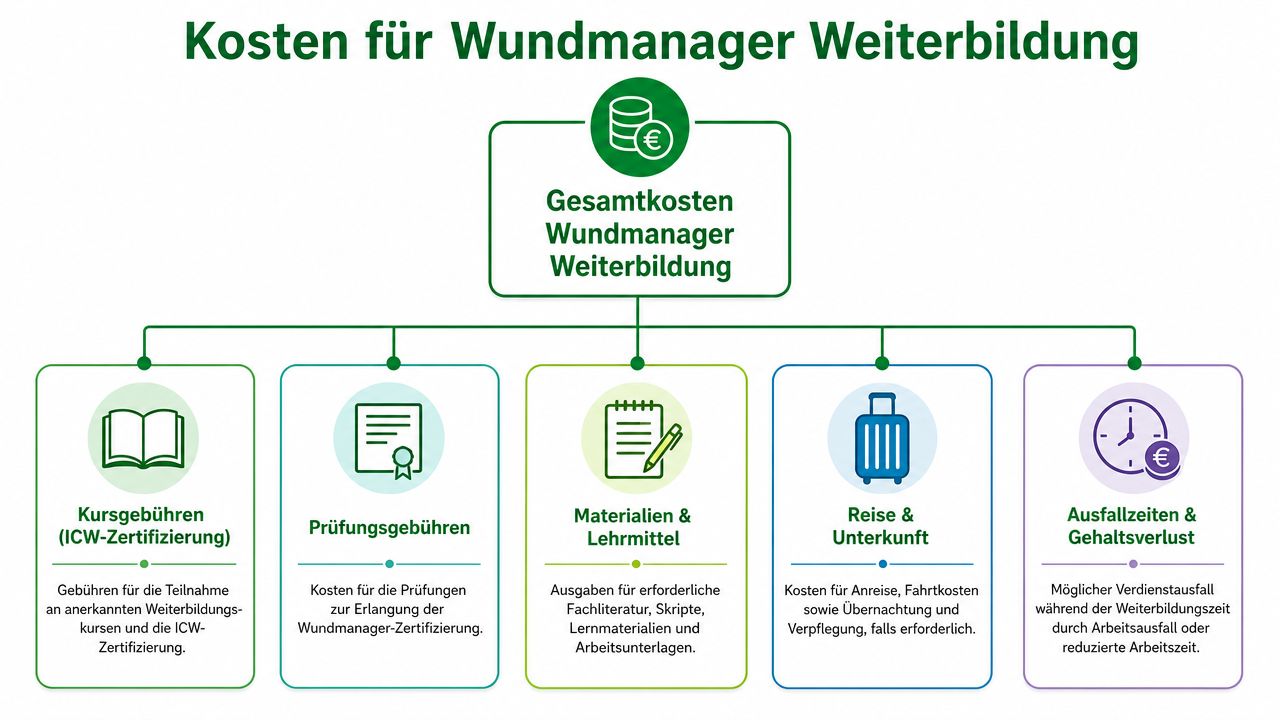 Übersichtsgrafik zu den verschiedenen Kostenfaktoren einer beruflichen Weiterbildung zum zertifizierten Wundmanager in Deutschland.
