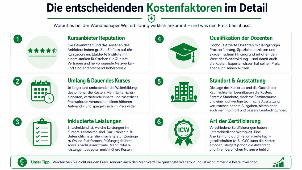 Eine Infografik, die die sechs wichtigsten Kostenfaktoren bei der Ausbildung zum Wundmanager übersichtlich und verständlich erläutert.