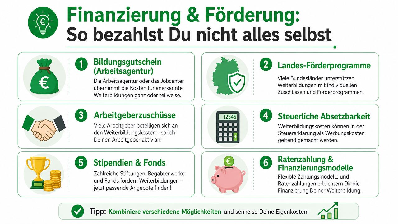 Eine Infografik mit sechs Methoden zur Finanzierung und Förderung von beruflicher Weiterbildung in Deutschland für Arbeitnehmer.