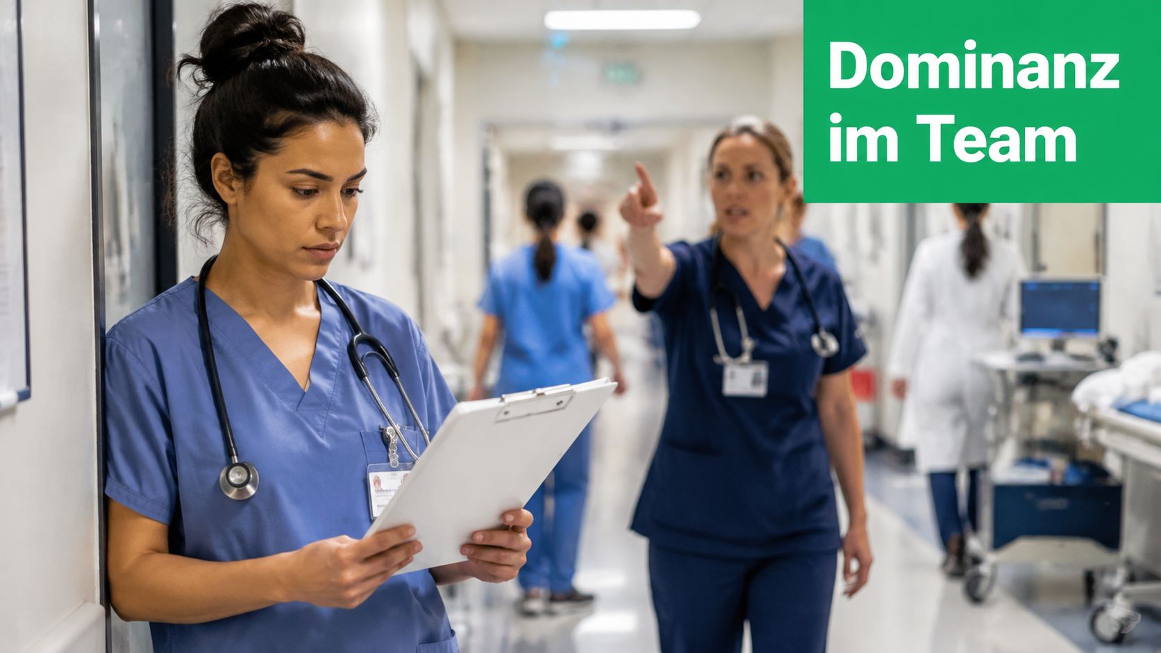 Eine Krankenschwester schaut konzentriert auf ihre Klemmbrettunterlagen, während eine andere Person im Hintergrund dominant auf etwas zeigt.