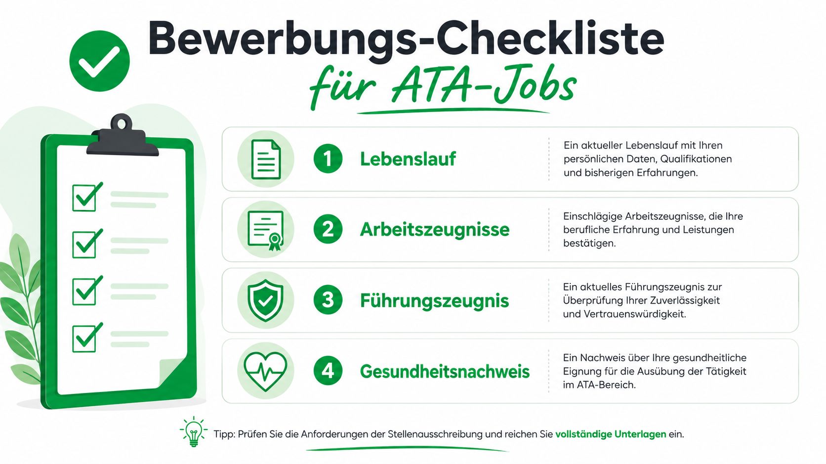 Eine grüne Checkliste mit vier wesentlichen Dokumenten für eine erfolgreiche Bewerbung als Anästhesietechnischer Assistent.