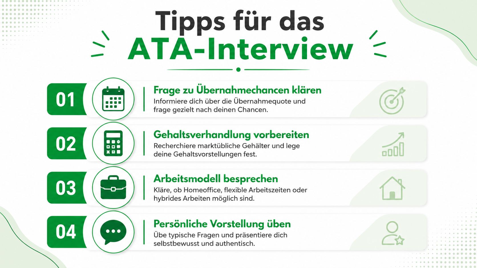 Eine Infografik mit vier hilfreichen Tipps für die Vorbereitung auf ein ATA-Vorstellungsgespräch und die berufliche Laufbahn.