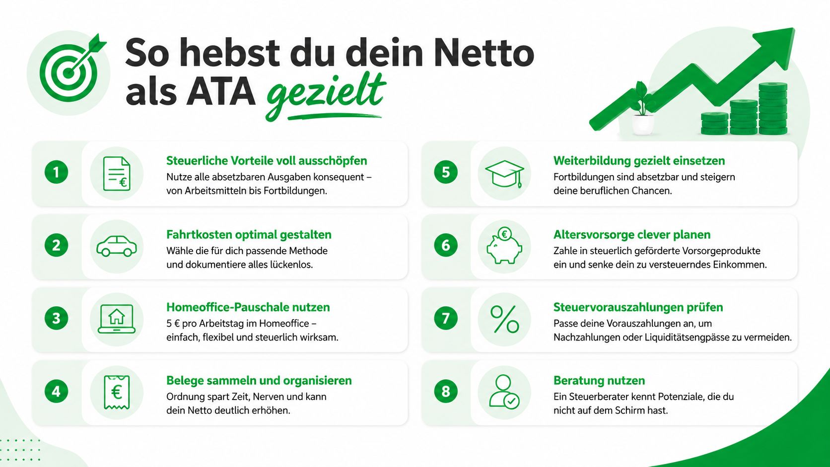 Infografik mit acht Tipps für ATA-Fachkräfte zur Optimierung ihres Nettoeinkommens durch steuerliche Vorteile und clevere Finanzplanung.
